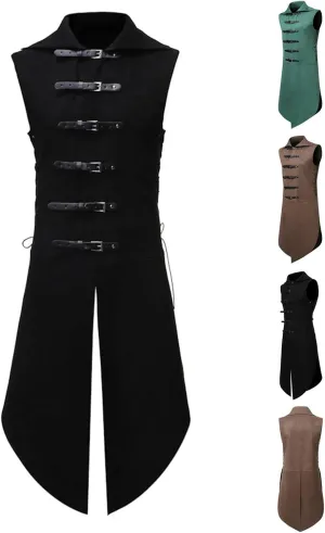 Mens Medieval Lapel Tailcoat Leather Buckle Gothic Sleeveless Waistcoat Renaissance Drawstring Coat Halloween Costume