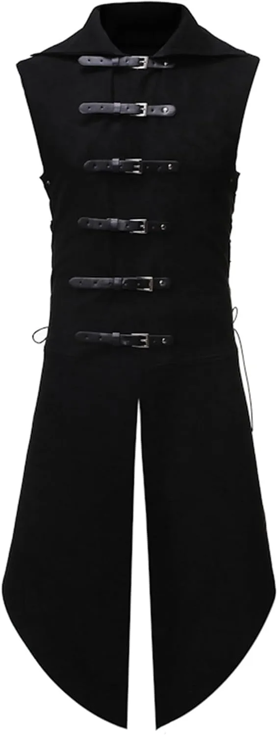 Mens Medieval Lapel Tailcoat Leather Buckle Gothic Sleeveless Waistcoat Renaissance Drawstring Coat Halloween Costume