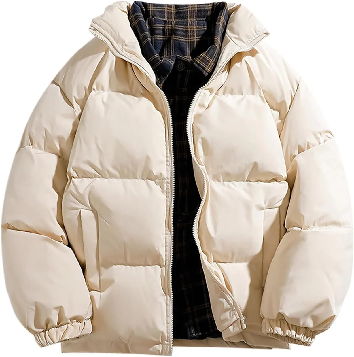 Men's Puffer Down Jackets 2024 Trendy Zipper Stand Collar Quilted Coat Winter Warm Coats Thermal Varsity Outerwear