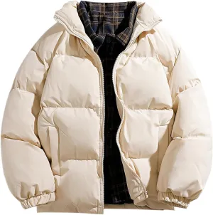 Men's Puffer Down Jackets 2024 Trendy Zipper Stand Collar Quilted Coat Winter Warm Coats Thermal Varsity Outerwear