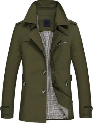 Men's Slim Notched Collar Single Breasted Cotton Jacket Office Trench Coat Classic Pea Coats Mid Long Lapel Jackets
