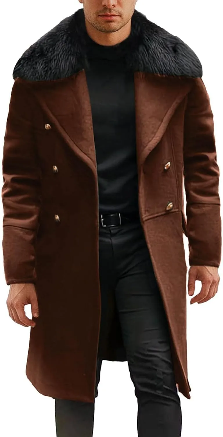 Men's Trench Coat Double Breasted Pea Coat Faux Fur Collar Long Coat Long Sleeve Lapel Overcoat Warm Winter Outwear