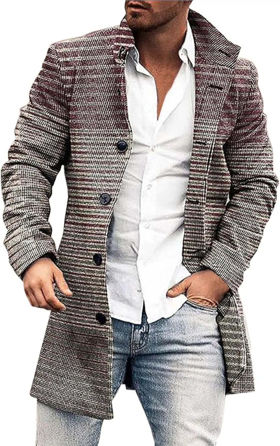 Men's Tweed Trench Coat Notched Collar Single Breasted Overcoat Vintage Big And Tall Warm Winter Plaid Midi Jackets