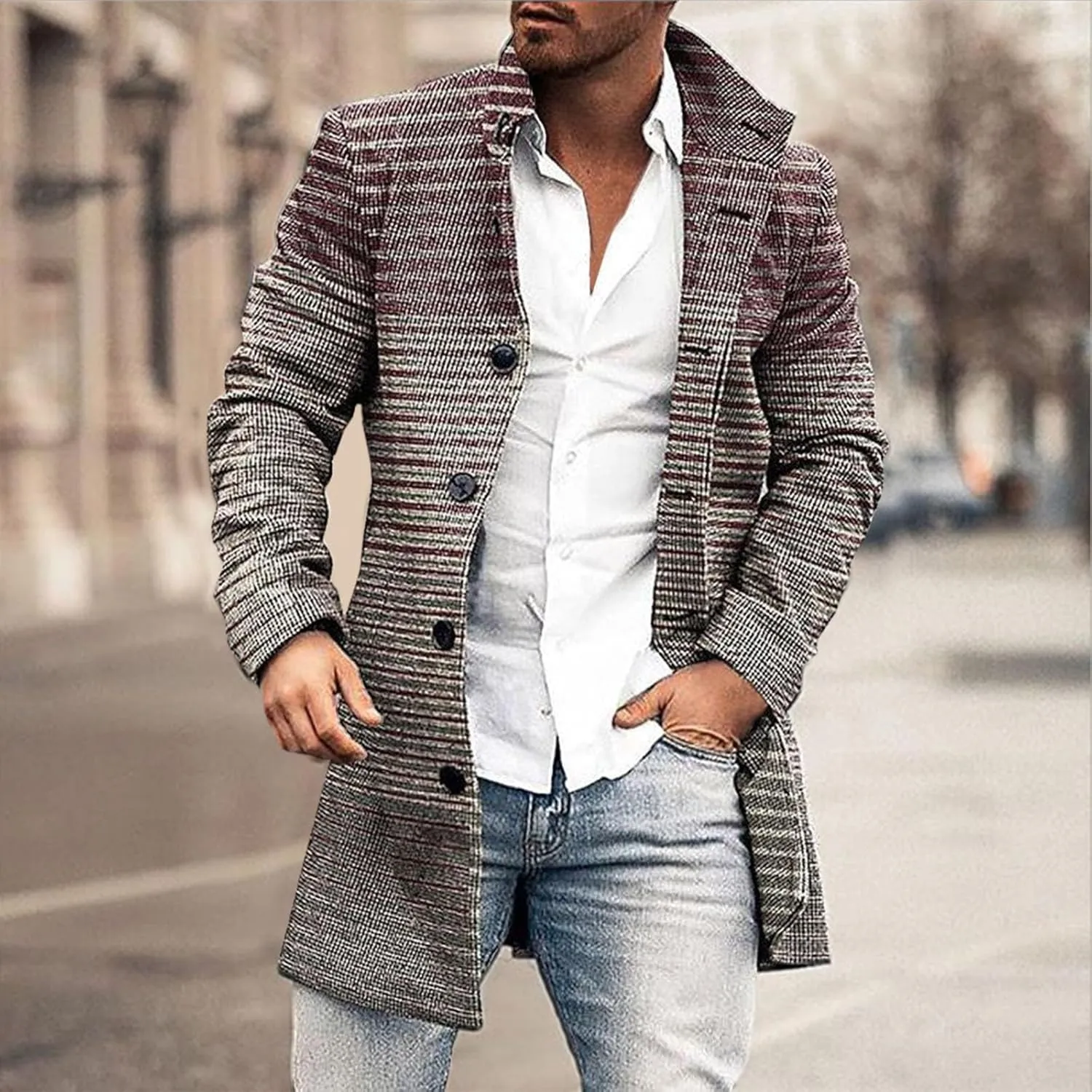 Men's Tweed Trench Coat Notched Collar Single Breasted Overcoat Vintage Big And Tall Warm Winter Plaid Midi Jackets