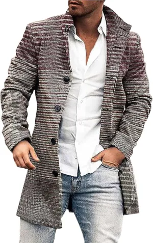 Men's Tweed Trench Coat Notched Collar Single Breasted Overcoat Vintage Big And Tall Warm Winter Plaid Midi Jackets