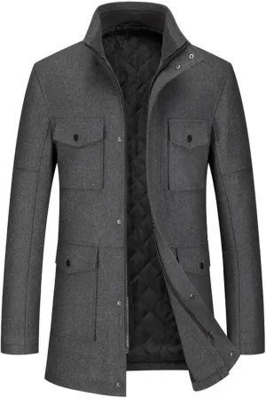 Mens Winter Trench Coats Wool Blend Quilted Padded Warm Long Jackets Slim Fit Long Sleeve Zip Up Outerwear