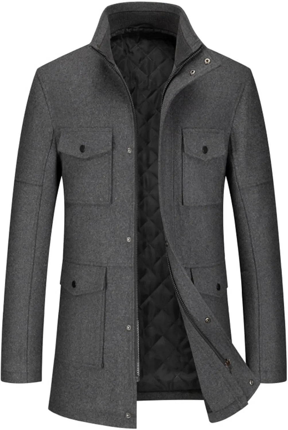 Mens Winter Trench Coats Wool Blend Quilted Padded Warm Long Jackets Slim Fit Long Sleeve Zip Up Outerwear
