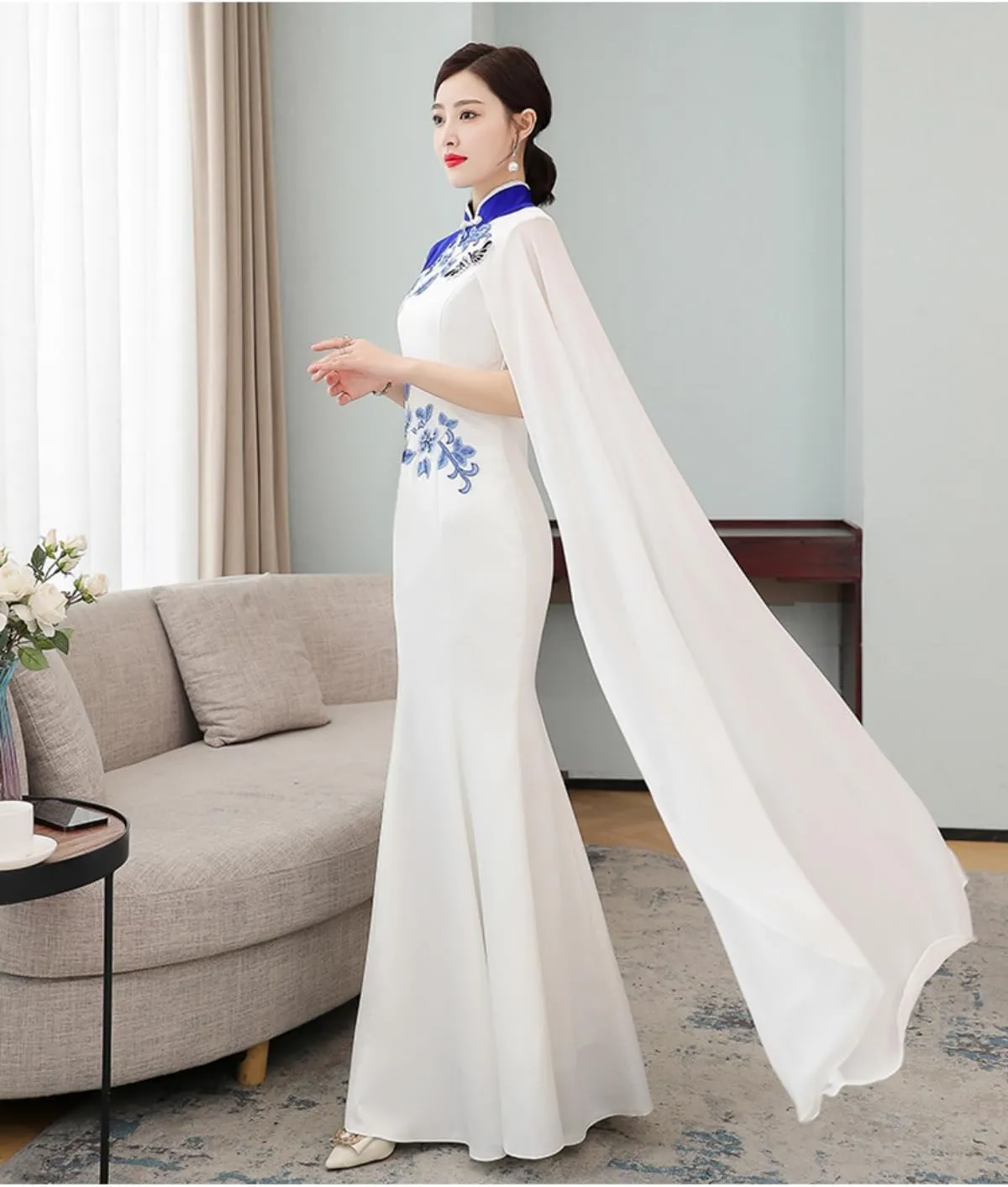 Mermaid Appliques Women's Long Cheongsam Chi-pao Dress Evening Party Wedding Guest Gown with Cape