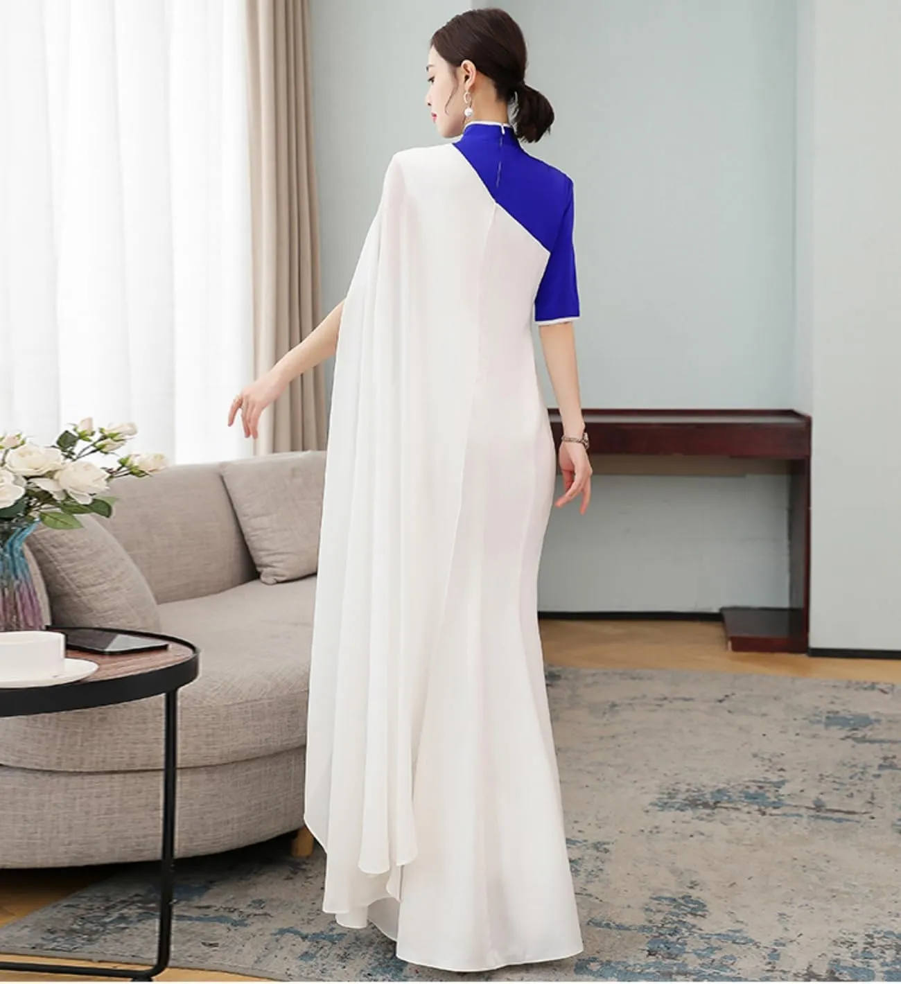 Mermaid Appliques Women's Long Cheongsam Chi-pao Dress Evening Party Wedding Guest Gown with Cape