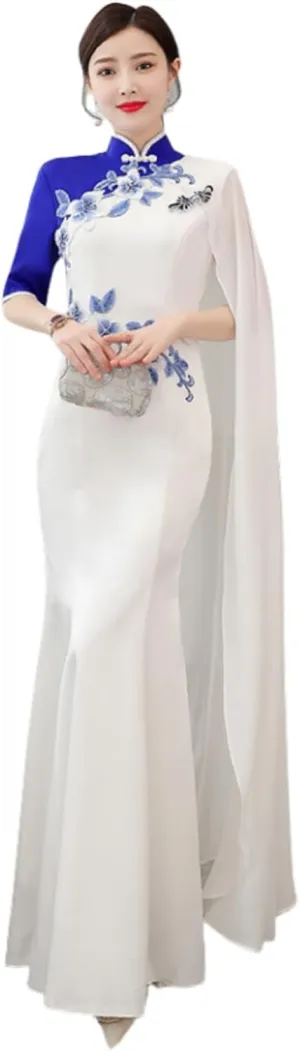 Mermaid Appliques Women's Long Cheongsam Chi-pao Dress Evening Party Wedding Guest Gown with Cape