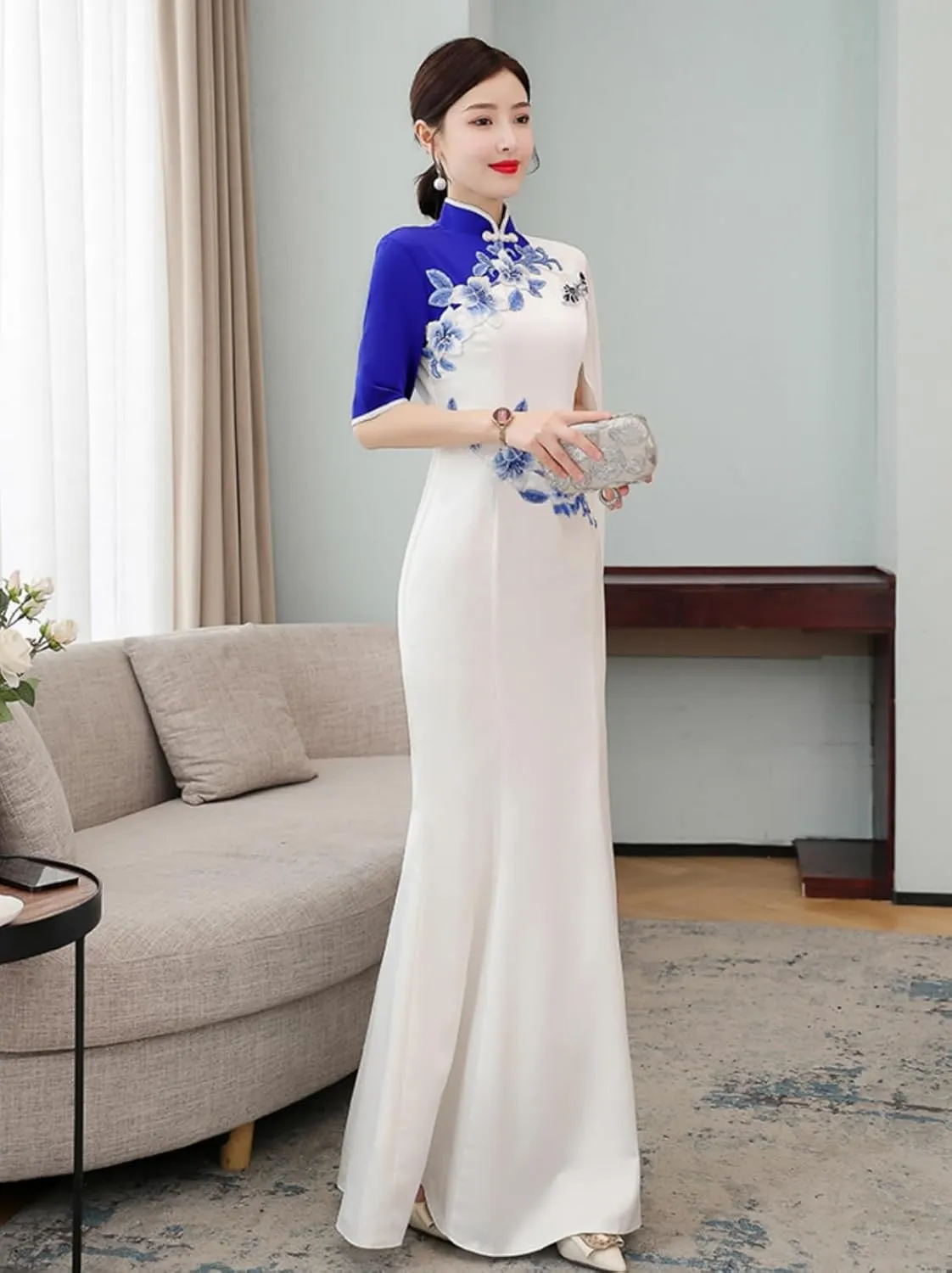 Mermaid Appliques Women's Long Cheongsam Chi-pao Dress Evening Party Wedding Guest Gown with Cape