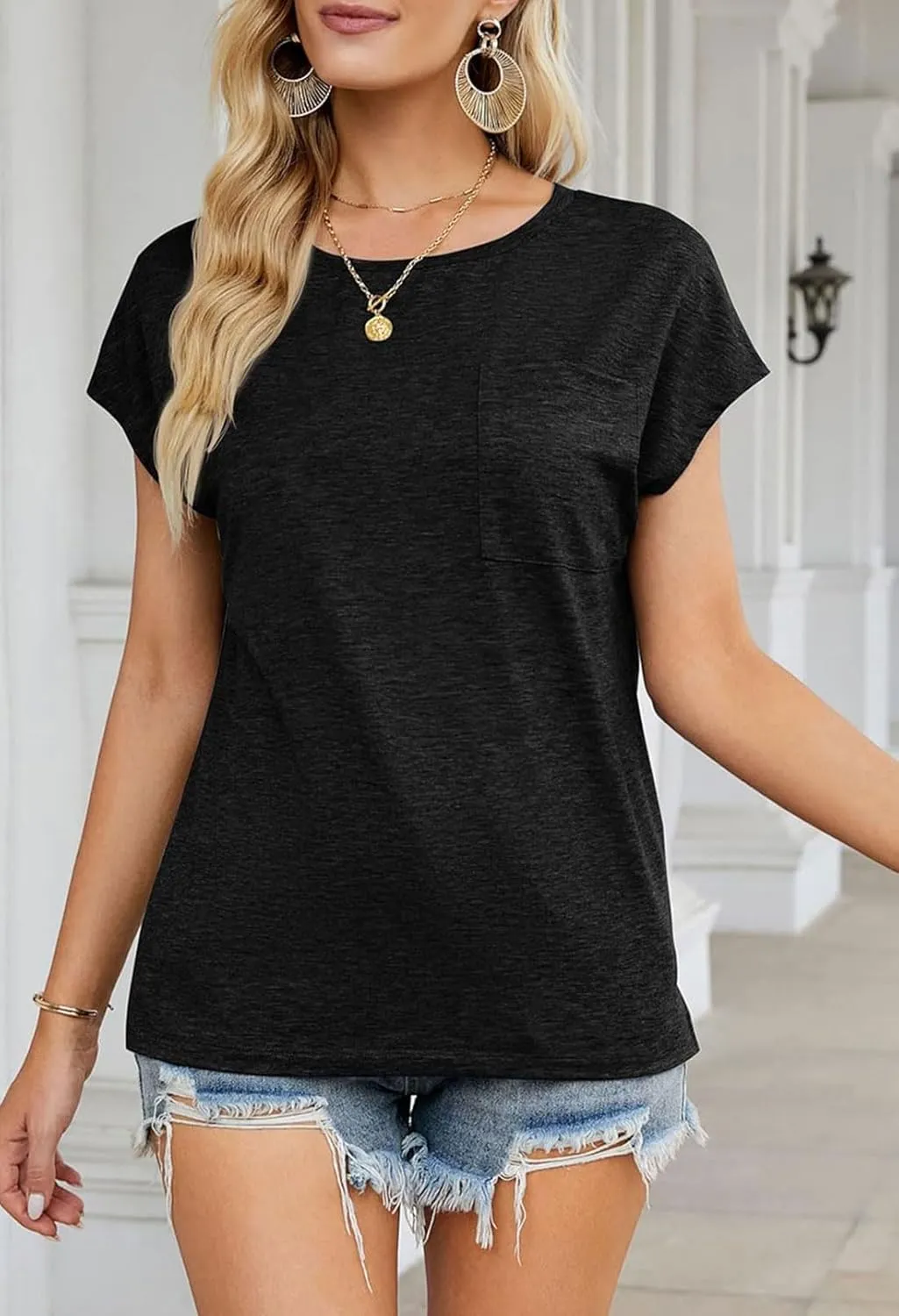 MEROKEETY Women's Casual Cap Sleeve T Shirts Basic Summer Tops Loose Solid Color Blouse