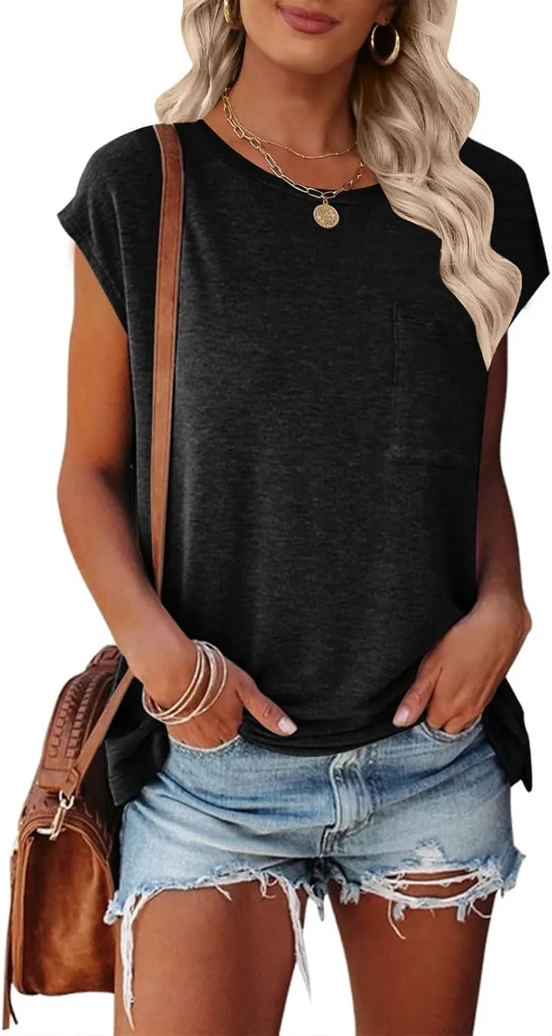 MEROKEETY Women's Casual Cap Sleeve T Shirts Basic Summer Tops Loose Solid Color Blouse