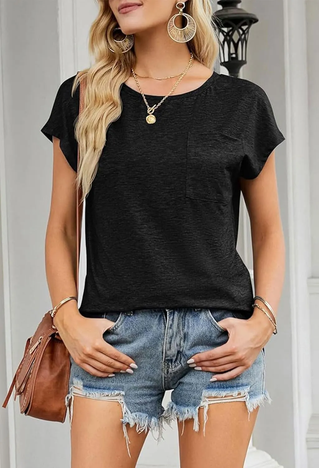 MEROKEETY Women's Casual Cap Sleeve T Shirts Basic Summer Tops Loose Solid Color Blouse