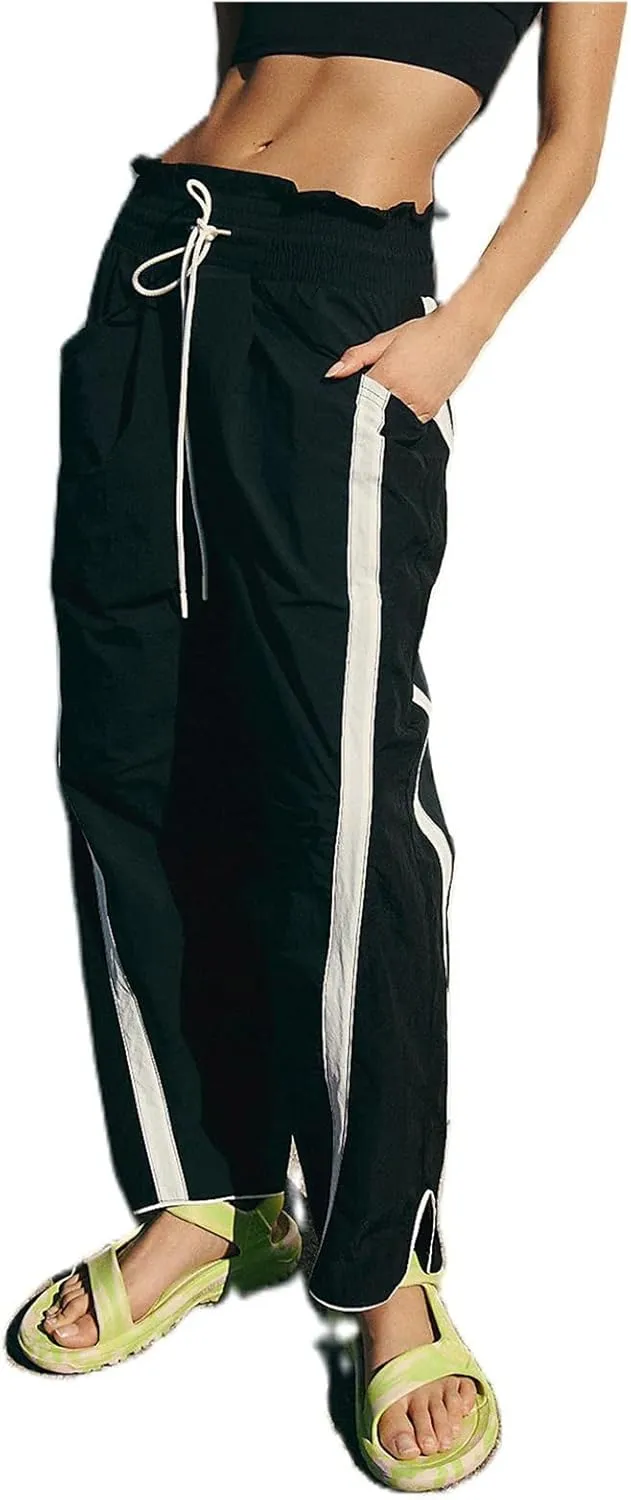 Miqil Women Y2K Striped Sweatpants Loose Wide Leg Drawstring Side Stripe Track Pants Elastic Waist Baggy Joggers