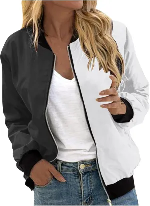 Mmoneyake Fall Jackets for Women 2024 Color Block Zip Up Bomber Jacket Casual Coat Stand Collar Lightweight Short Outwear Top