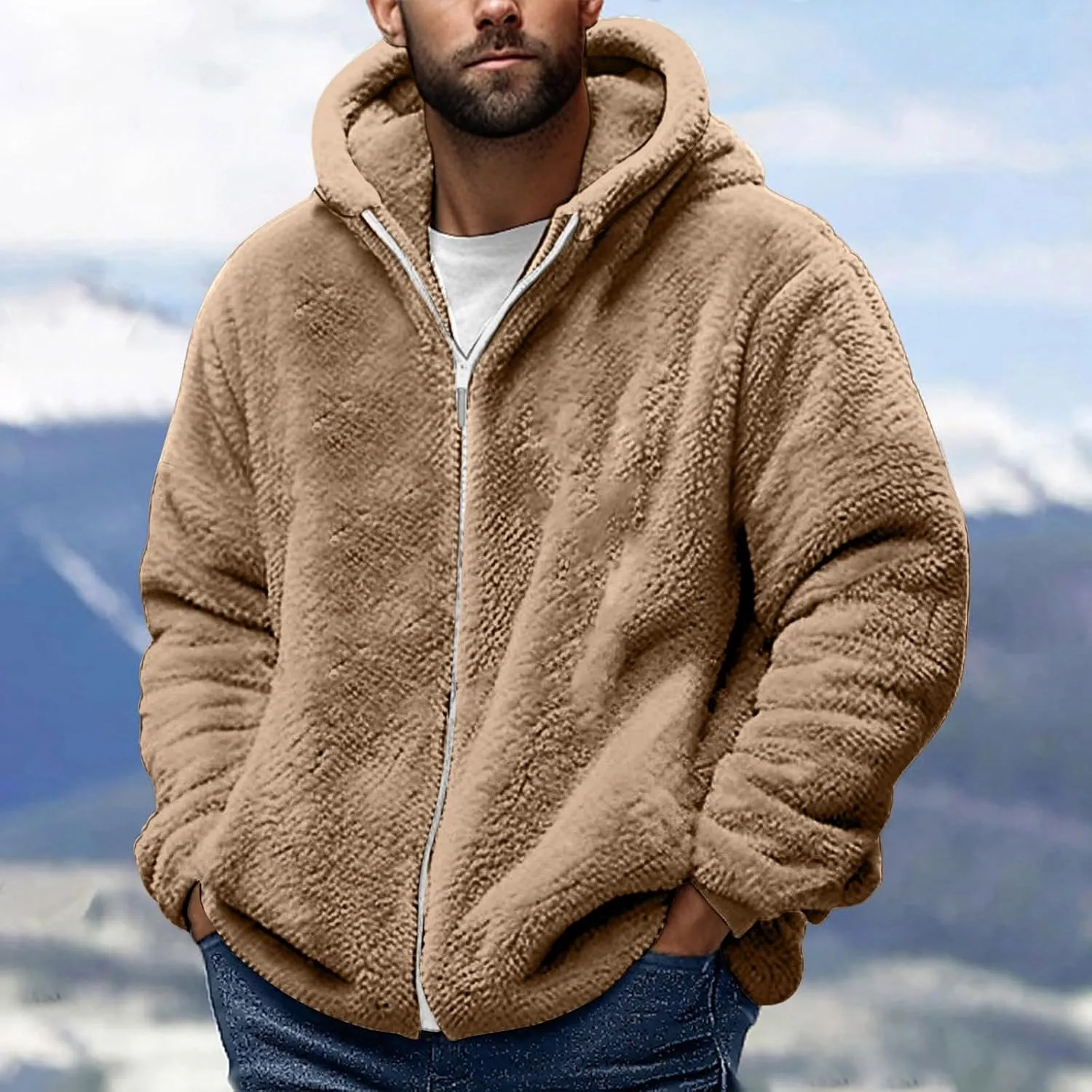 Muscularfit Men's Double Sided Furry Jacket Fall Winter Fashion Hood Coat Warm Down Jacket Full Zip Thicken Padded Outerwear