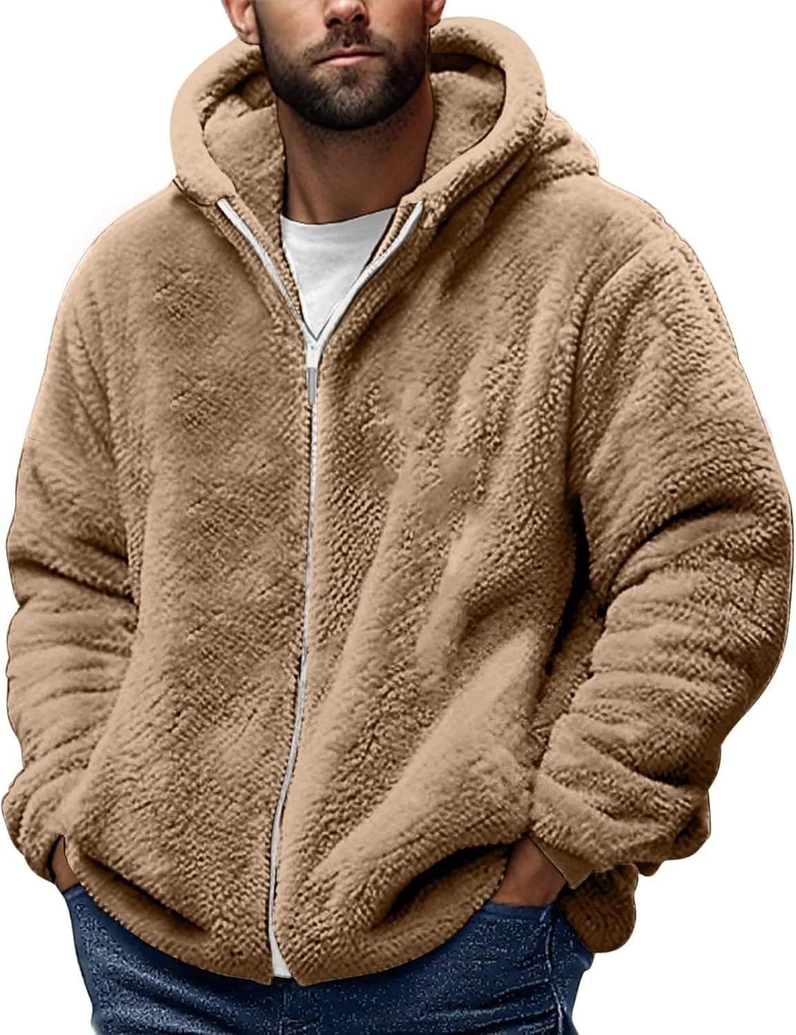 Muscularfit Men's Double Sided Furry Jacket Fall Winter Fashion Hood Coat Warm Down Jacket Full Zip Thicken Padded Outerwear