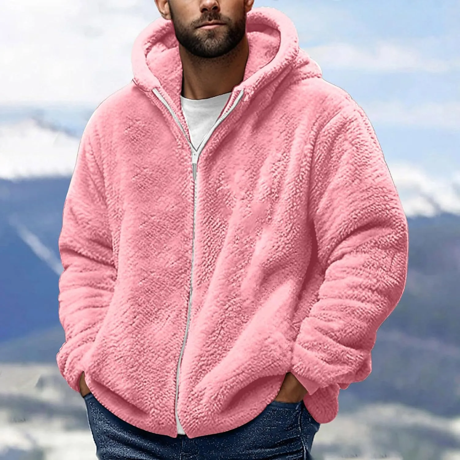 Muscularfit Men's Double Sided Furry Jacket Fall Winter Fashion Hood Coat Warm Down Jacket Full Zip Thicken Padded Outerwear