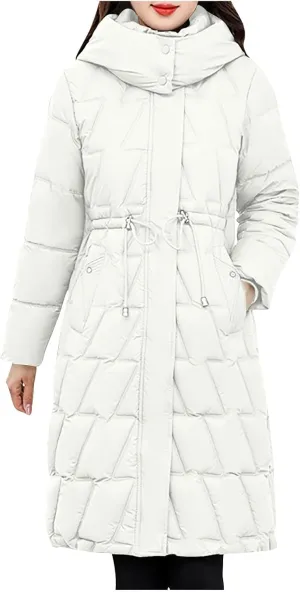 NATHGAM Women Long Puffer Jacket Winter Warm Thickened Cotton-Padded Hooded Outerwear Zip Trendy Going Out Parkas Down Jacket