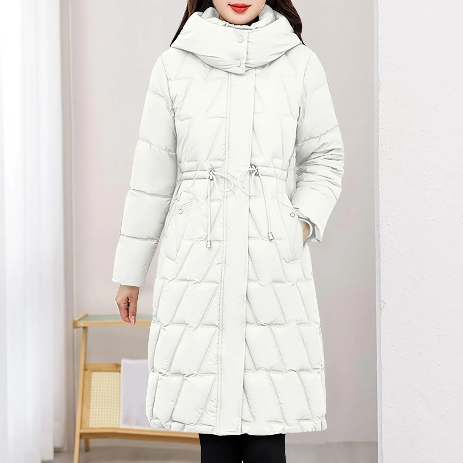 NATHGAM Women Long Puffer Jacket Winter Warm Thickened Cotton-Padded Hooded Outerwear Zip Trendy Going Out Parkas Down Jacket
