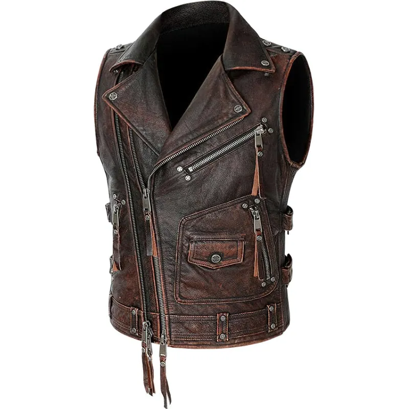 Natural Genuine Leather Motorcycle Vest For Men / Spring Vintage Brown Biker Sleeveless Jacket