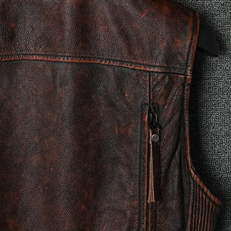 Natural Genuine Leather Motorcycle Vest For Men / Spring Vintage Brown Biker Sleeveless Jacket