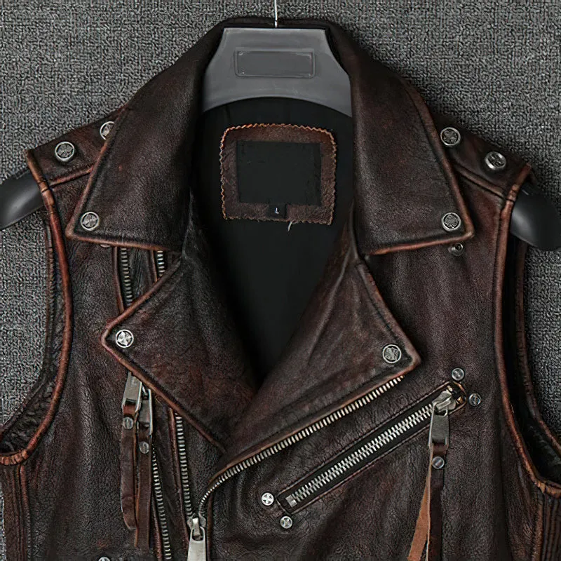 Natural Genuine Leather Motorcycle Vest For Men / Spring Vintage Brown Biker Sleeveless Jacket