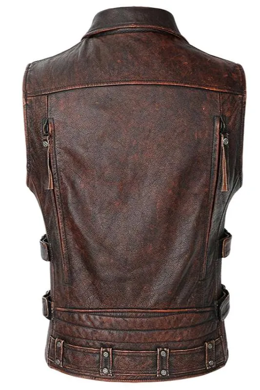 Natural Genuine Leather Motorcycle Vest For Men / Spring Vintage Brown Biker Sleeveless Jacket