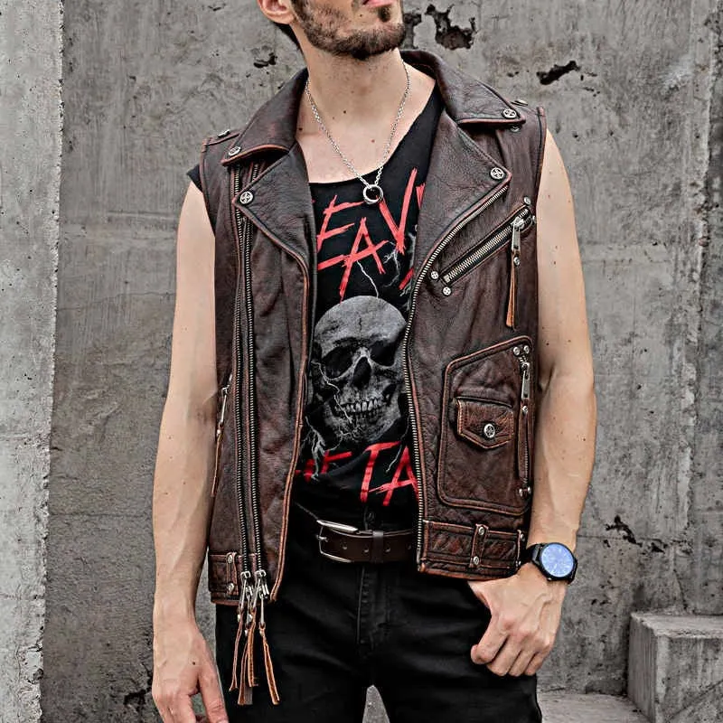 Natural Genuine Leather Motorcycle Vest For Men / Spring Vintage Brown Biker Sleeveless Jacket