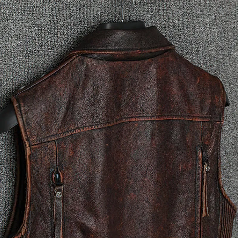 Natural Genuine Leather Motorcycle Vest For Men / Spring Vintage Brown Biker Sleeveless Jacket