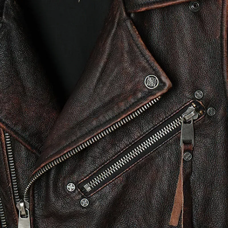 Natural Genuine Leather Motorcycle Vest For Men / Spring Vintage Brown Biker Sleeveless Jacket