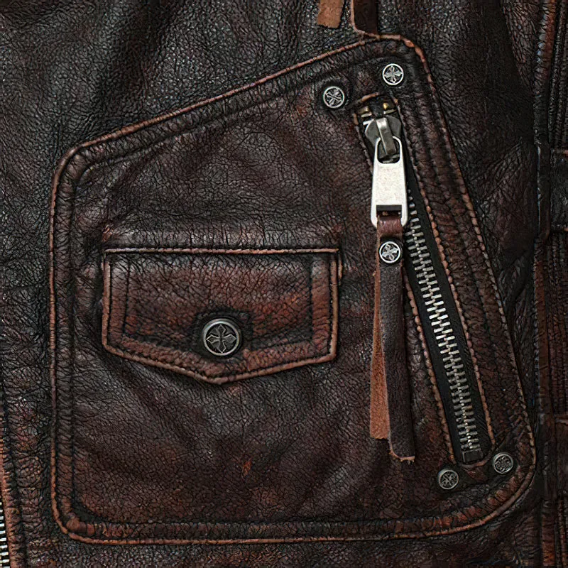 Natural Genuine Leather Motorcycle Vest For Men / Spring Vintage Brown Biker Sleeveless Jacket