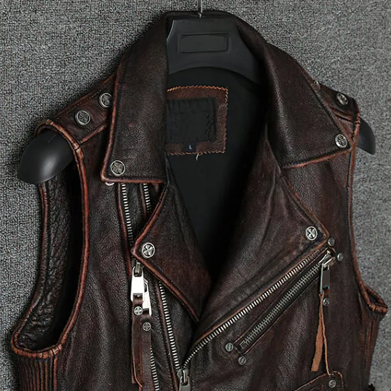Natural Genuine Leather Motorcycle Vest For Men / Spring Vintage Brown Biker Sleeveless Jacket