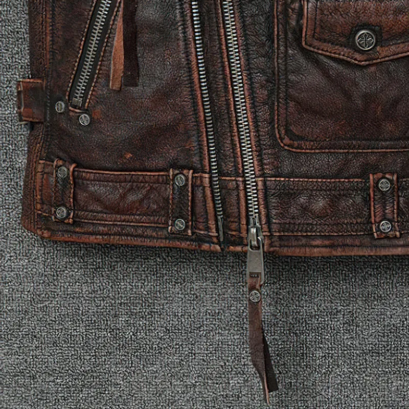 Natural Genuine Leather Motorcycle Vest For Men / Spring Vintage Brown Biker Sleeveless Jacket