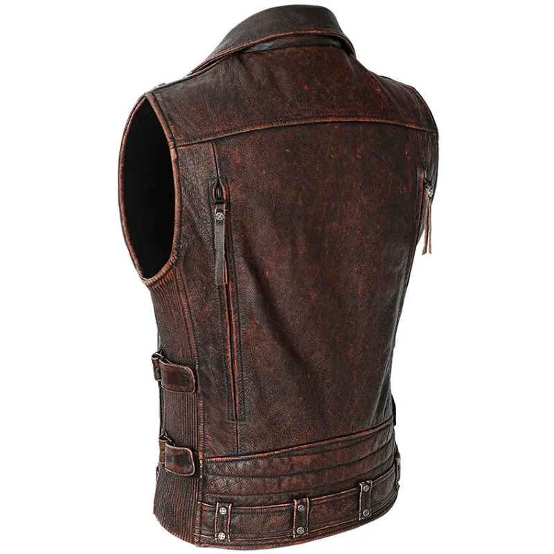 Natural Genuine Leather Motorcycle Vest For Men / Spring Vintage Brown Biker Sleeveless Jacket