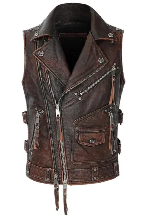 Natural Genuine Leather Motorcycle Vest For Men / Spring Vintage Brown Biker Sleeveless Jacket