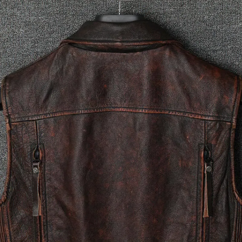 Natural Genuine Leather Motorcycle Vest For Men / Spring Vintage Brown Biker Sleeveless Jacket