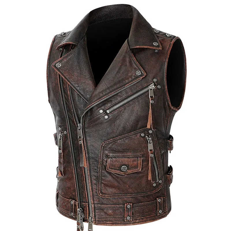 Natural Genuine Leather Motorcycle Vest For Men / Spring Vintage Brown Biker Sleeveless Jacket