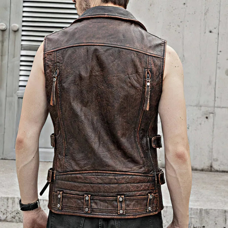 Natural Genuine Leather Motorcycle Vest For Men / Spring Vintage Brown Biker Sleeveless Jacket