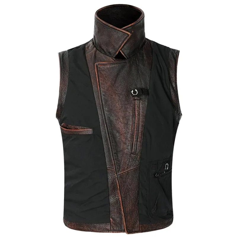 Natural Genuine Leather Motorcycle Vest For Men / Spring Vintage Brown Biker Sleeveless Jacket