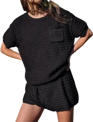 NUFIWI Women Knitted Two Piece Sweater Set Short Sleeve Crewneck Blouse Top High Waist Shorts Tracksuit Y2k Outfits