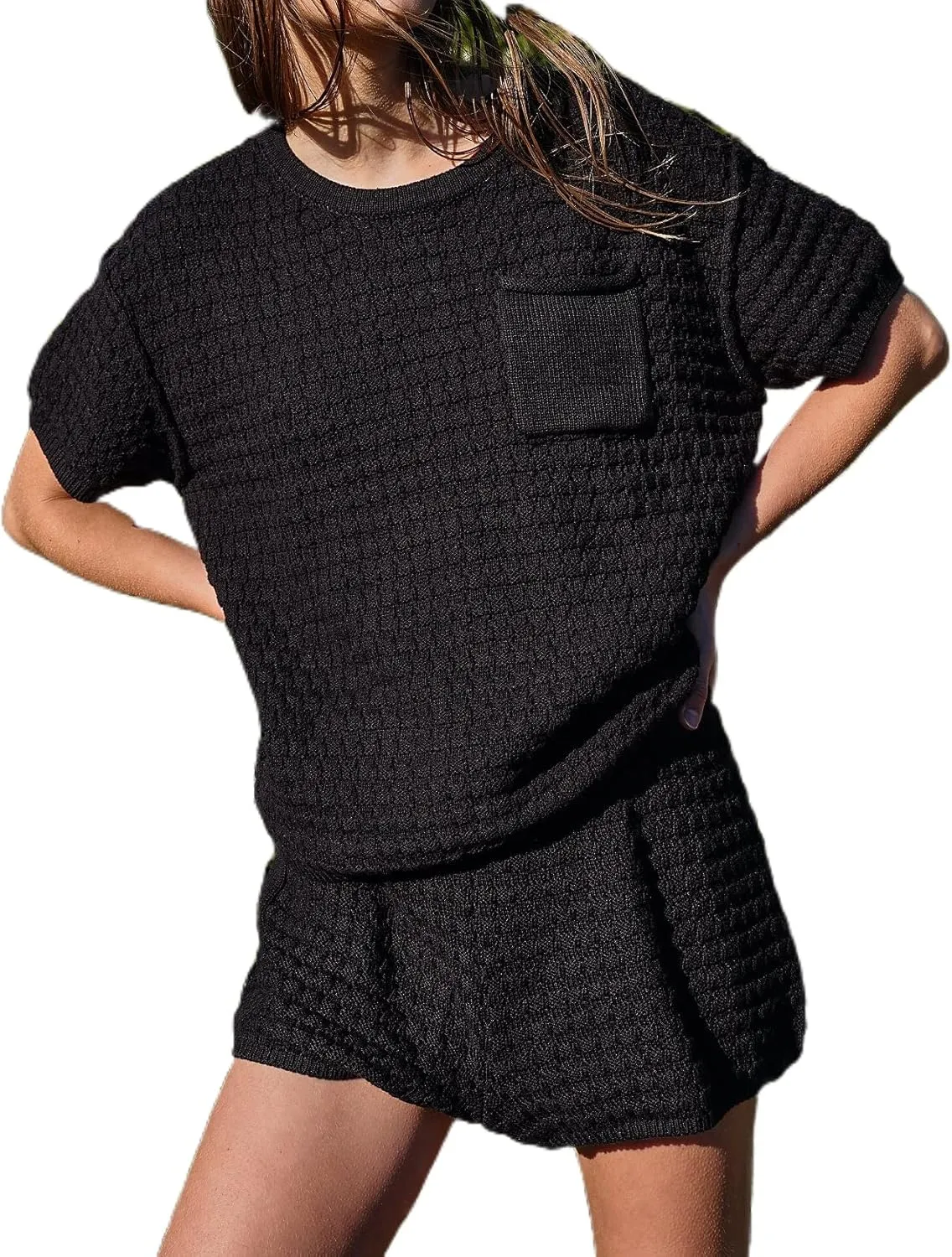 NUFIWI Women Knitted Two Piece Sweater Set Short Sleeve Crewneck Blouse Top High Waist Shorts Tracksuit Y2k Outfits
