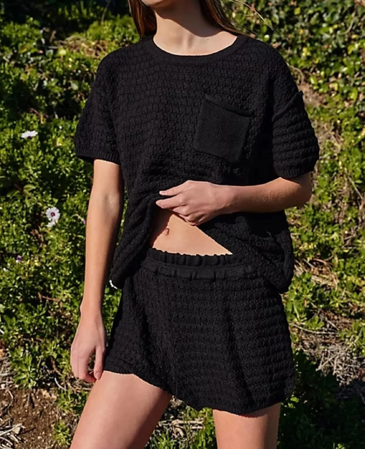NUFIWI Women Knitted Two Piece Sweater Set Short Sleeve Crewneck Blouse Top High Waist Shorts Tracksuit Y2k Outfits