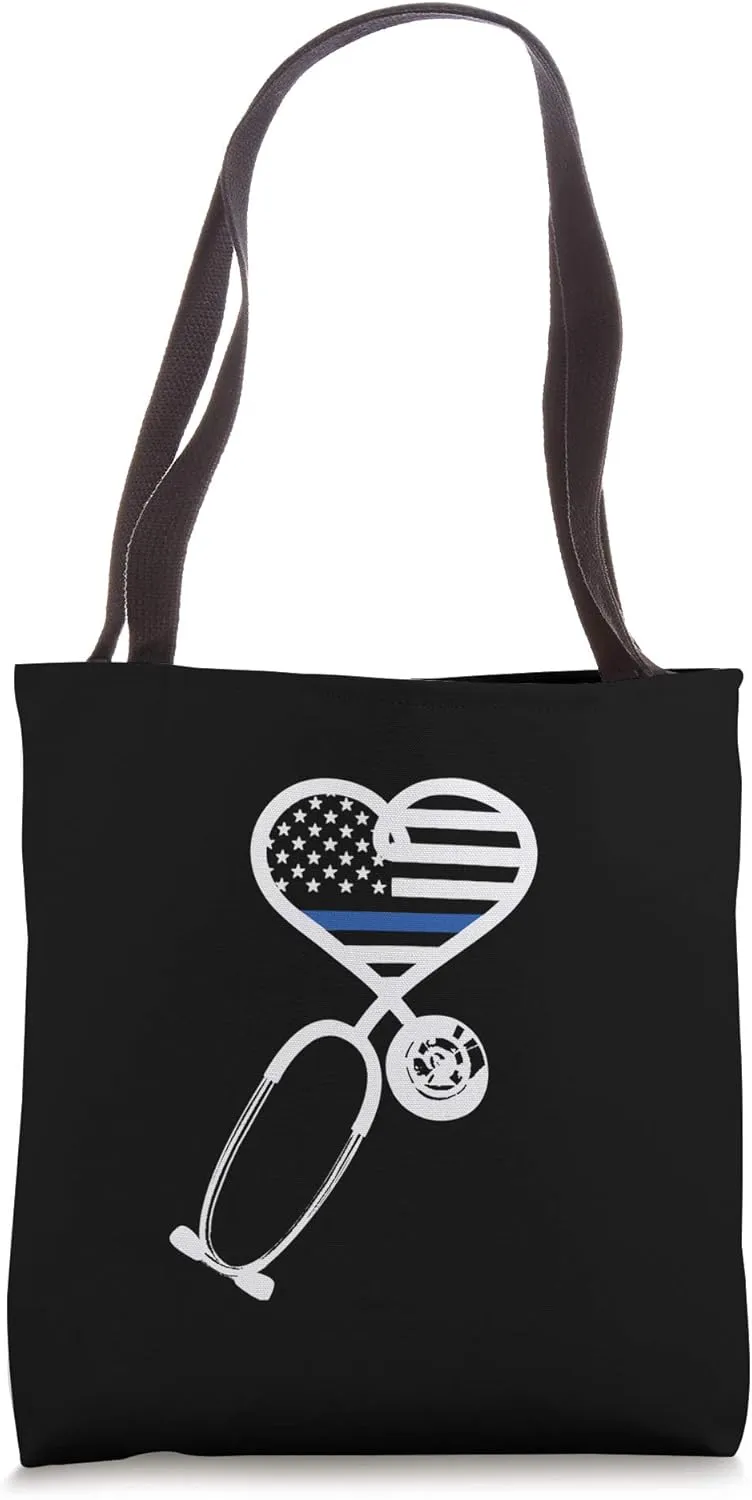 Nurse Police Wife Officer Thin Blue Line Heart Flag Black Tote Bag