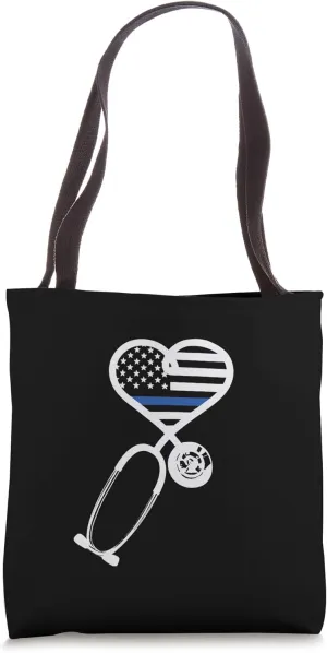 Nurse Police Wife Officer Thin Blue Line Heart Flag Black Tote Bag