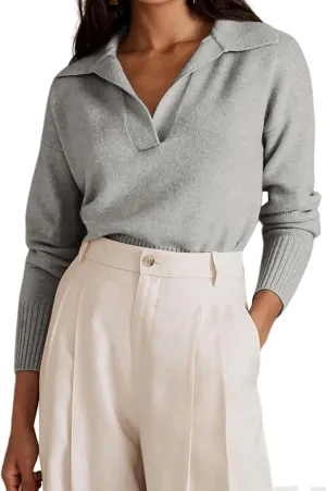 OLAPTA Women Knitted Lapel Collar Crop Sweater Polo V Neck Long Sleeve Loose Fit Casual Comfy Pullover Sweater Jumper Tops
