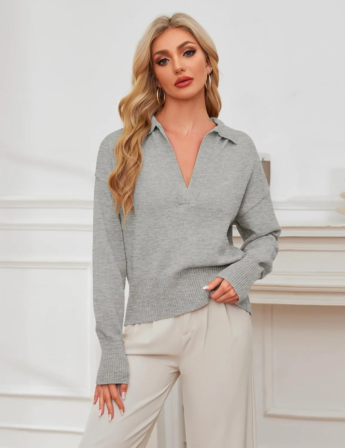 OLAPTA Women Knitted Lapel Collar Crop Sweater Polo V Neck Long Sleeve Loose Fit Casual Comfy Pullover Sweater Jumper Tops