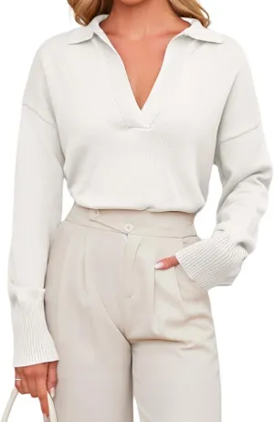 OLAPTA Women Knitted Lapel Collar Crop Sweater Polo V Neck Long Sleeve Loose Fit Casual Comfy Pullover Sweater Jumper Tops