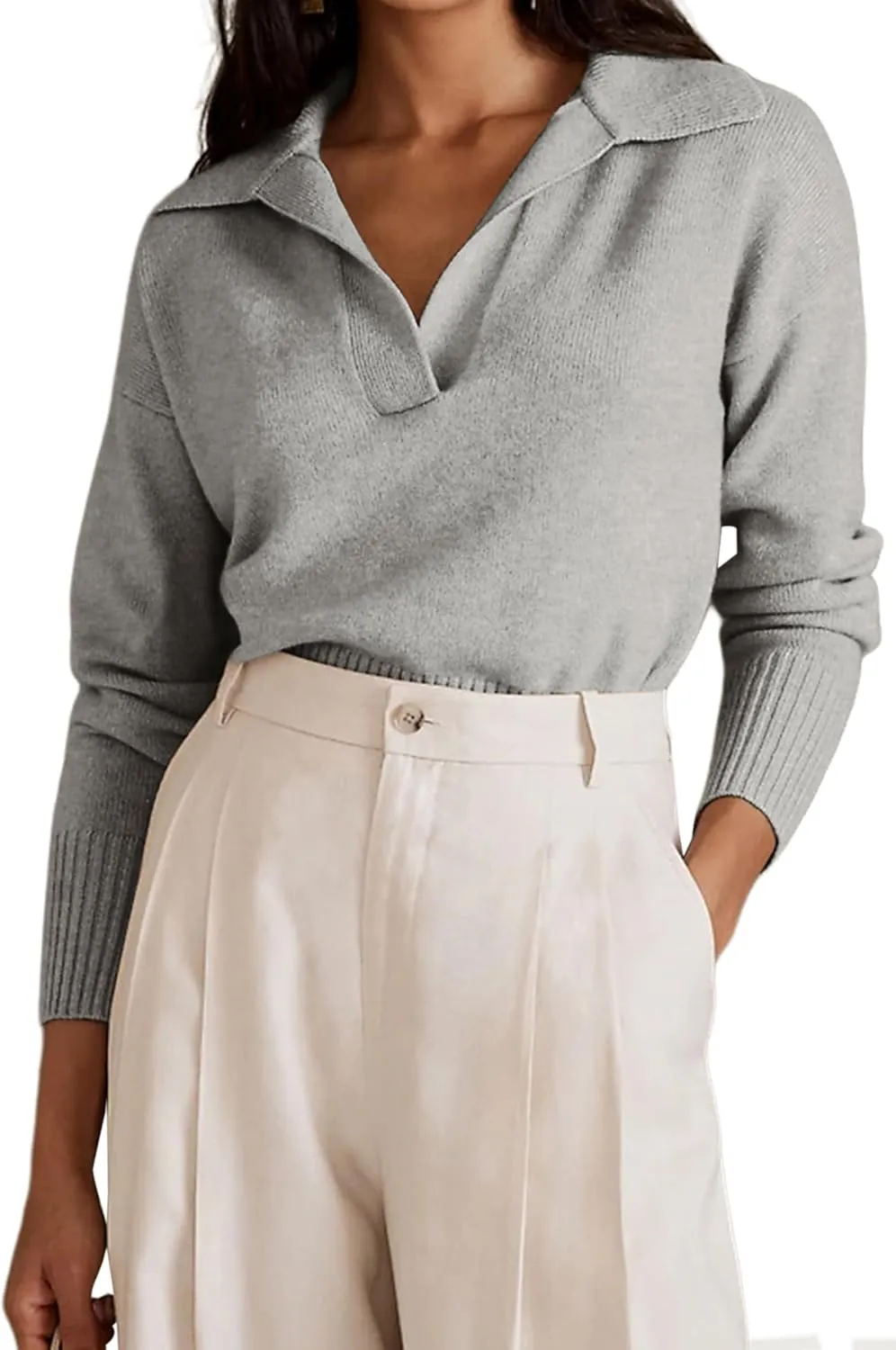 OLAPTA Women Knitted Lapel Collar Crop Sweater Polo V Neck Long Sleeve Loose Fit Casual Comfy Pullover Sweater Jumper Tops